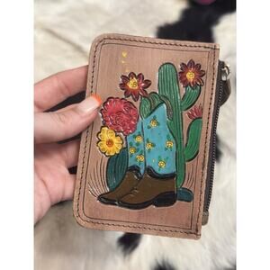 Native Hand Tooled Painted Hide Leather Coin Pill Purse Cowgirl Cactus Boots